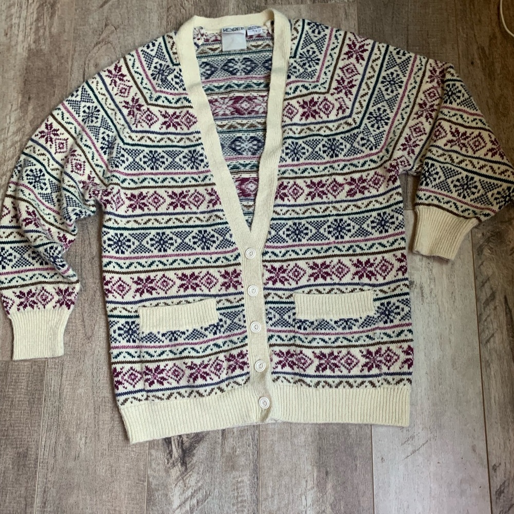 Vtg Koret Women's Button Up Cardigan With Snowflake Christmas Size Small Cream
